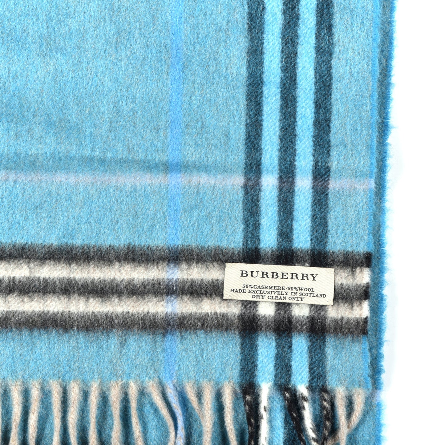Cashmere Wool Check Fringe Scarf Blue