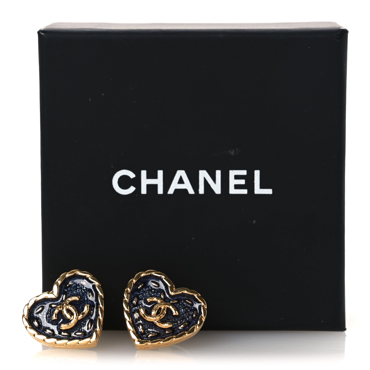 Chanel Metal Enamel CC Denim Heart Earrings Gold Blue 5 of 5