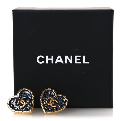 Chanel Metal Enamel CC Denim Heart Earrings Gold Blue 5 of 5