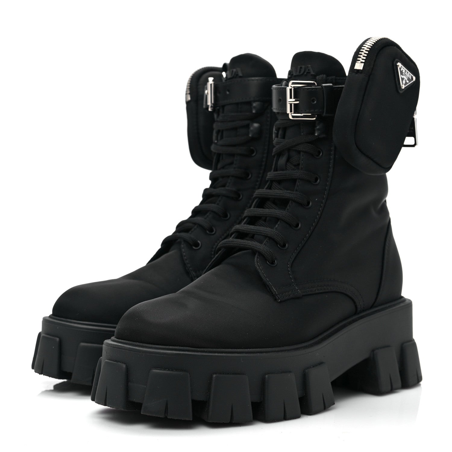 Prada Re-Nylon Gabardine Metal Triangle Logo Monolith Pouch Pocket 55mm Boots 39 Black 3 of 7