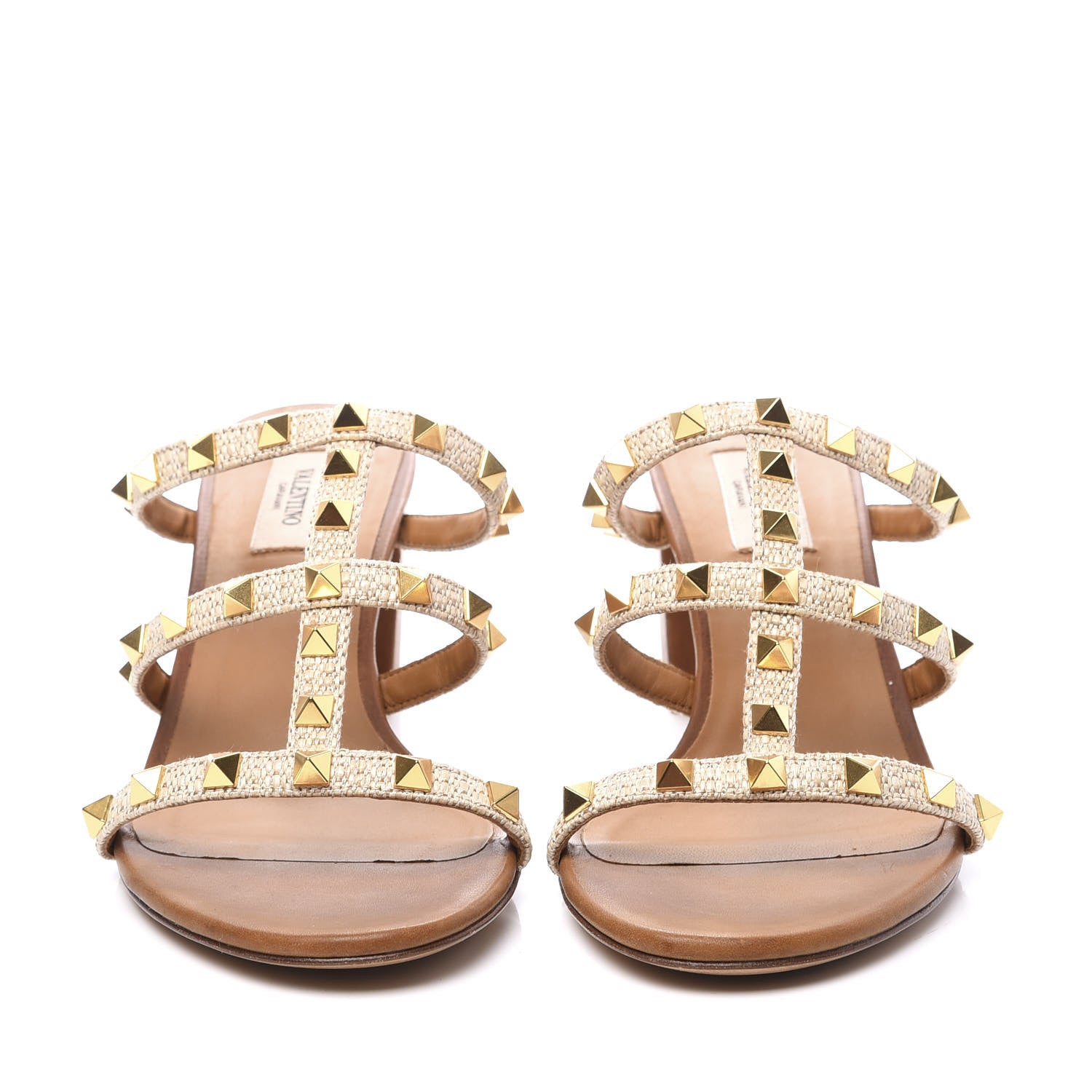 Valentino Garavani Raffia Calfskin Rockstud 60mm Caged Slide Sandals 40 Naturale 3 of 10