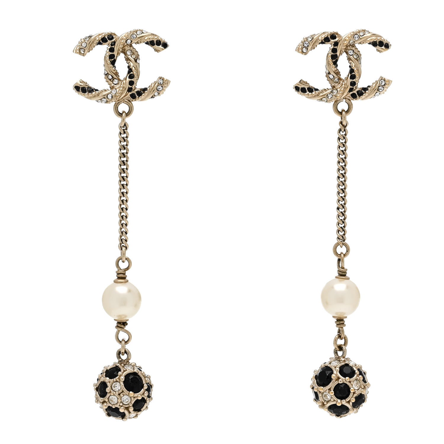 Chanel Crystal Pearl CC Ball Chain Drop Earrings Gold Black 1 of 4