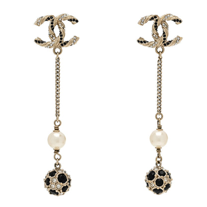 Chanel Crystal Pearl CC Ball Chain Drop Earrings Gold Black 1 of 4