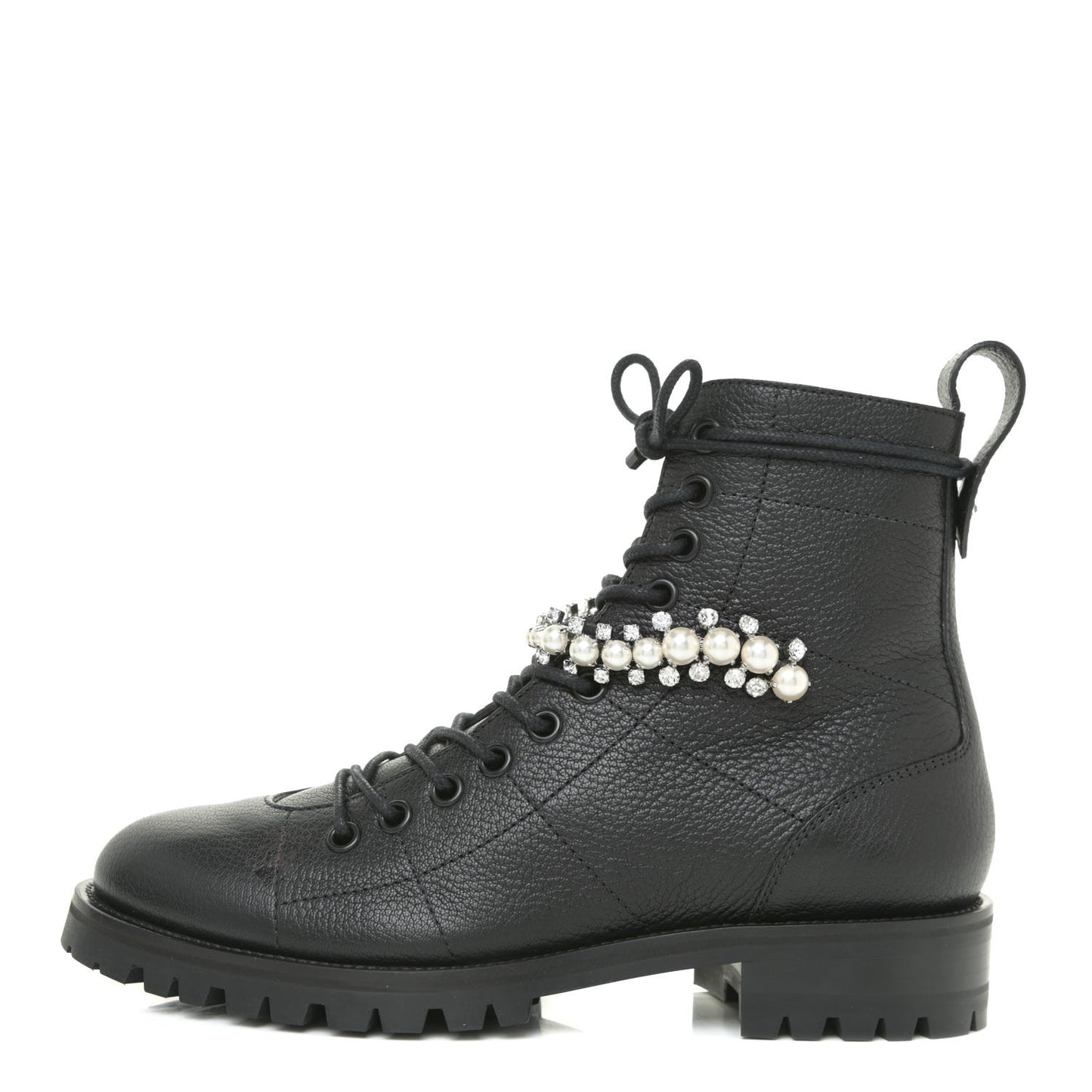 Grained Goatskin Pearl Crystal Embellished Cruz Combat Boots 36 Grey