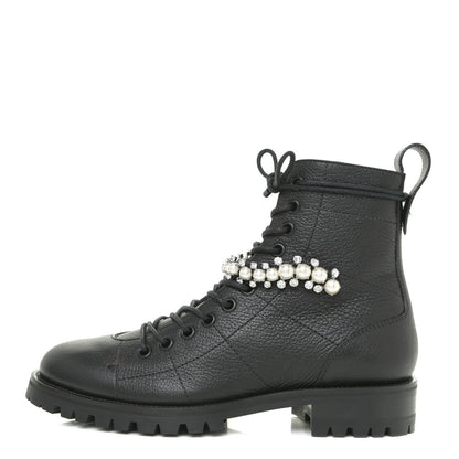 Jimmy Choo Grained Goatskin Pearl Crystal Embellished Cruz Combat Boots 36 Grey 1 of 13