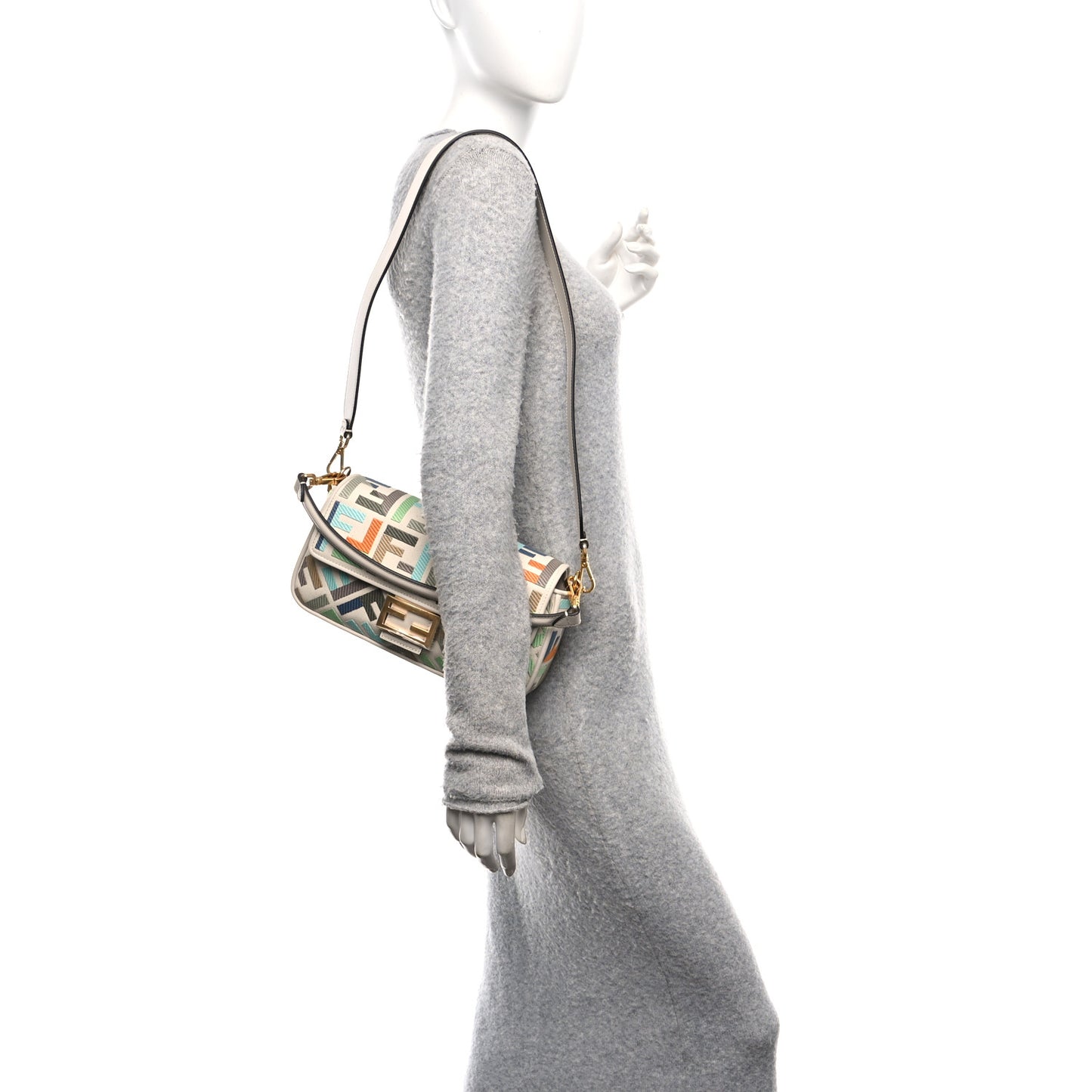 Canvas Vitello Seta FF Multicolor Embroidered Baguette Grezzo Multicolor Latte