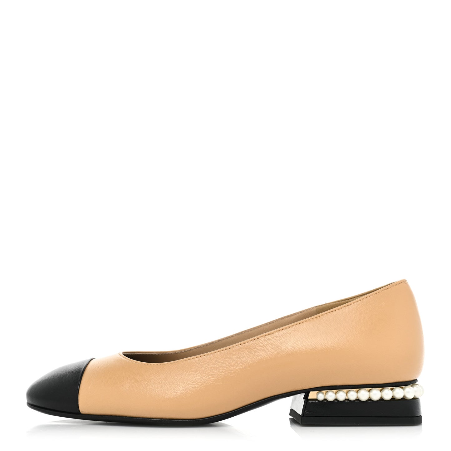 Lambskin Pearl Cap Toe CC Flats 36 Beige Black