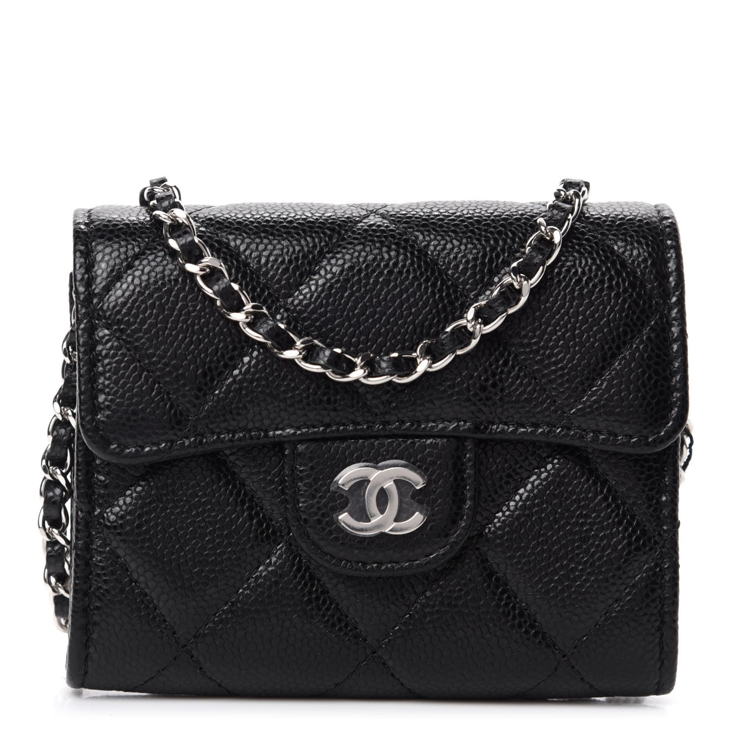Caviar Quilted Flap Card Holder On Chain Black