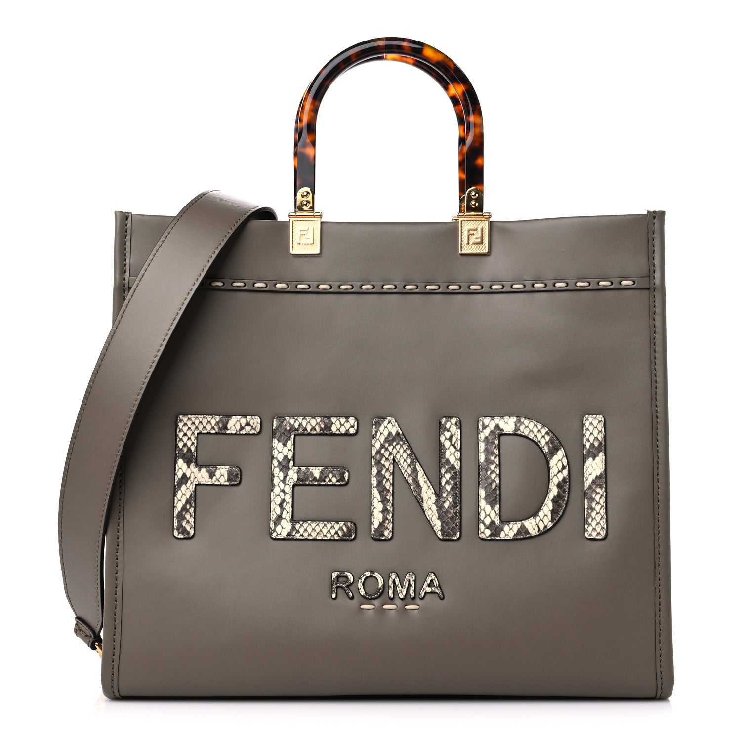 Fendi Vitello King Plexiglass Elaphe Python Print Logo Medium Fendi Sunshine Shopper Tote Tartufo Daisy Roccia 1 of 9