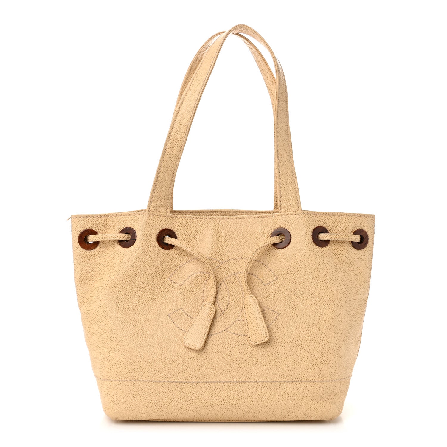 Chanel Caviar Wood CC Drawstring Bucket Bag Beige 1 of 15