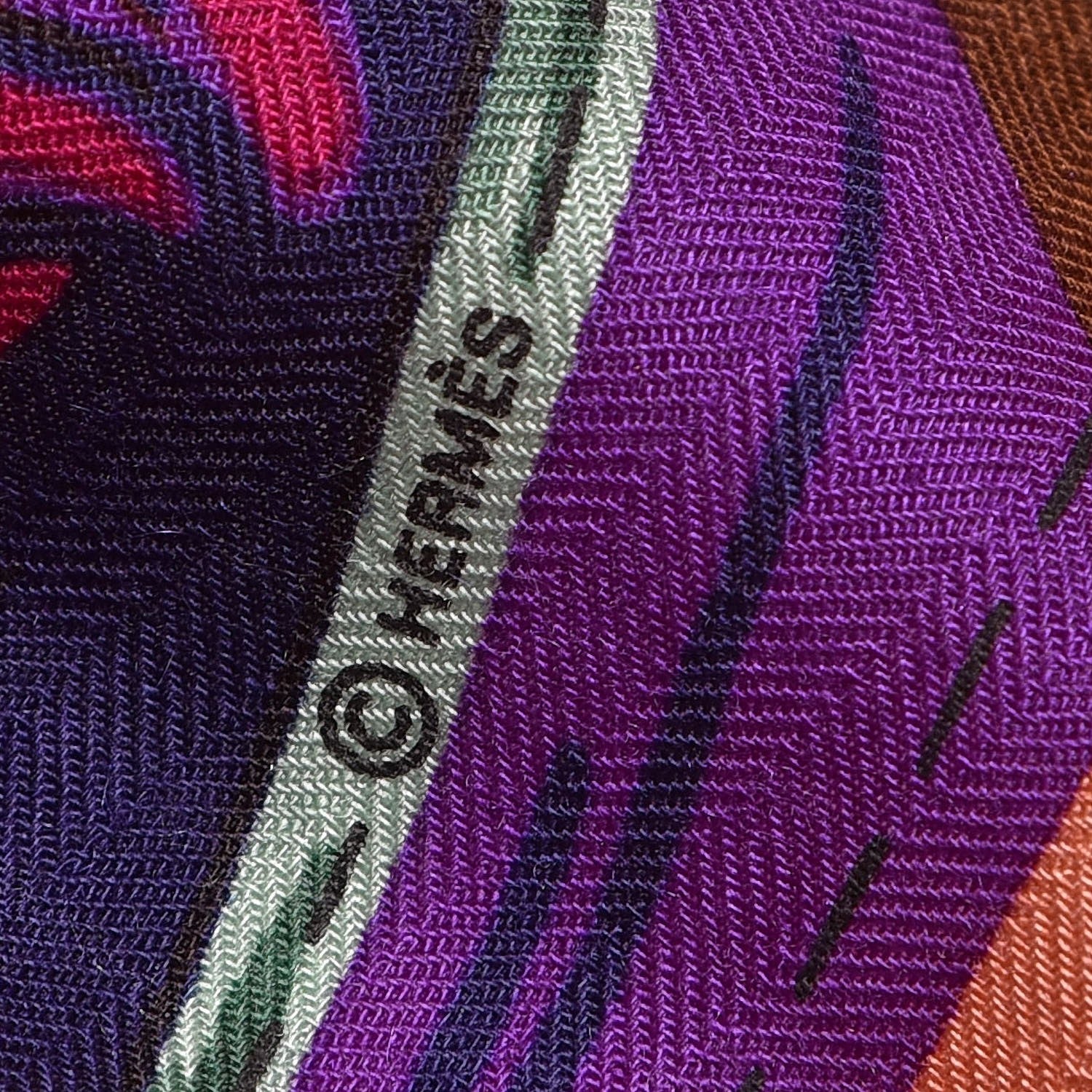 Hermes Cashmere Silk Cuirs Du Desert II Shawl 140 Violet Corail Vert Amande 3 of 3