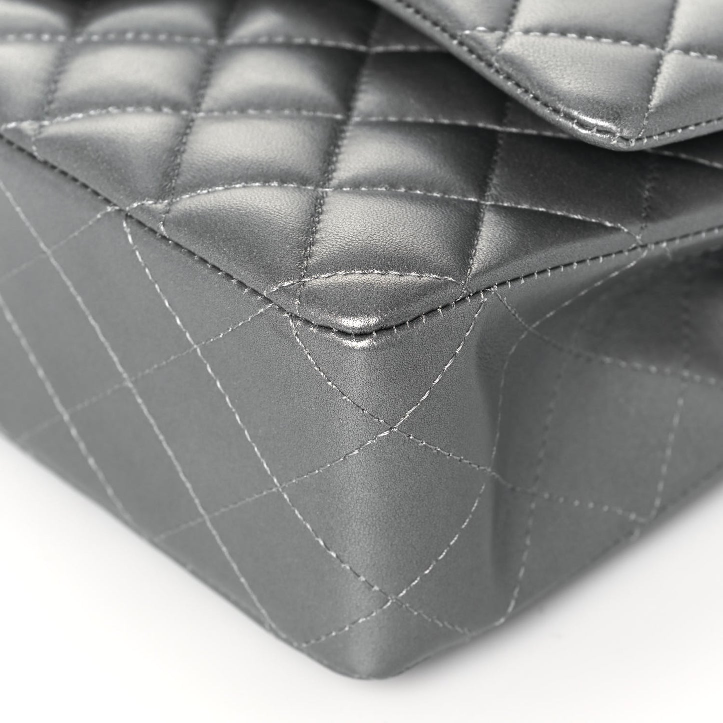 Metallic Lambskin Quilted Medium Double Flap Silver