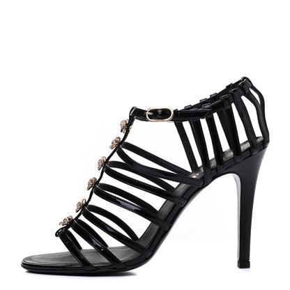 Chanel Patent Calfskin Crystal Bow Strappy Sandals 39.5 Black 1 of 13