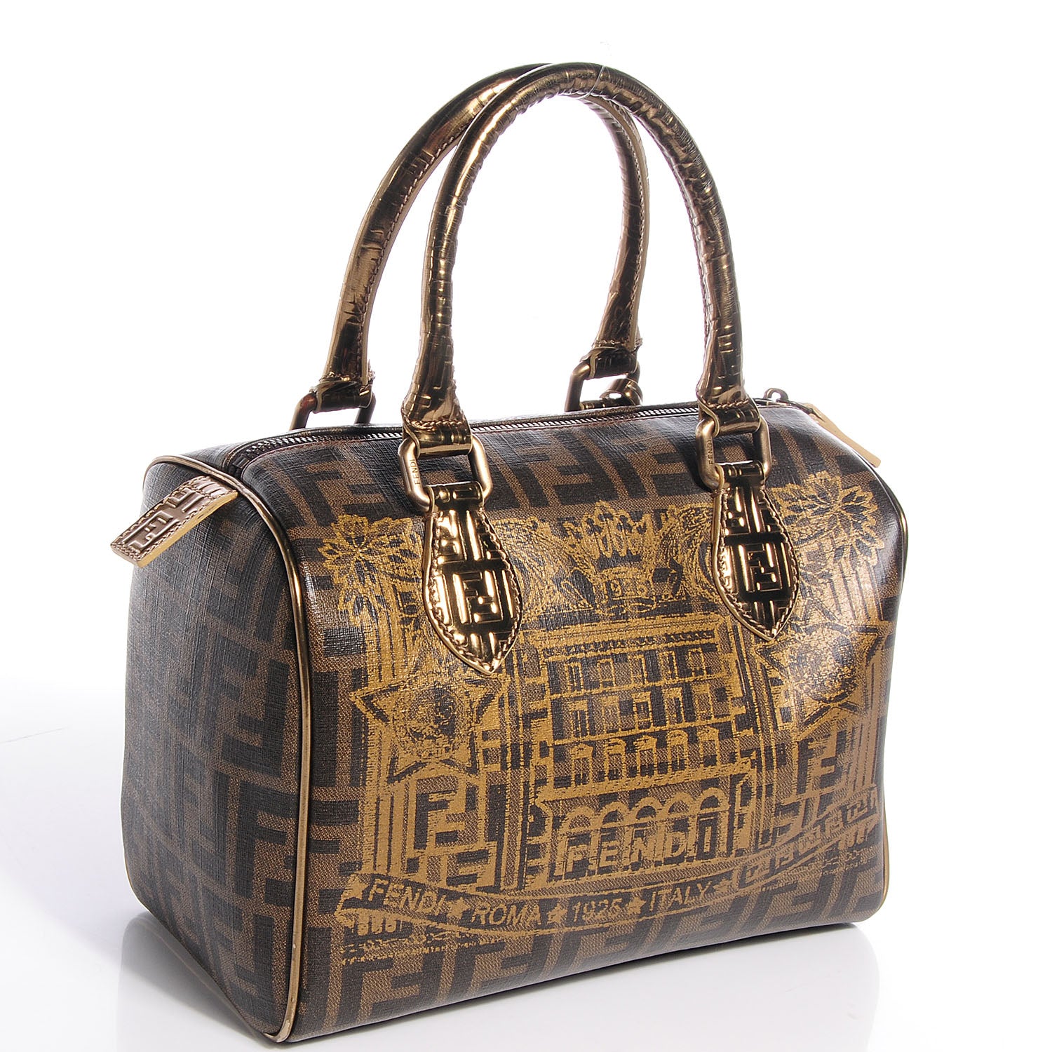 Fendi Zucca Spalmati Palazzo Print Boston Tobacco Gold 3 of 9