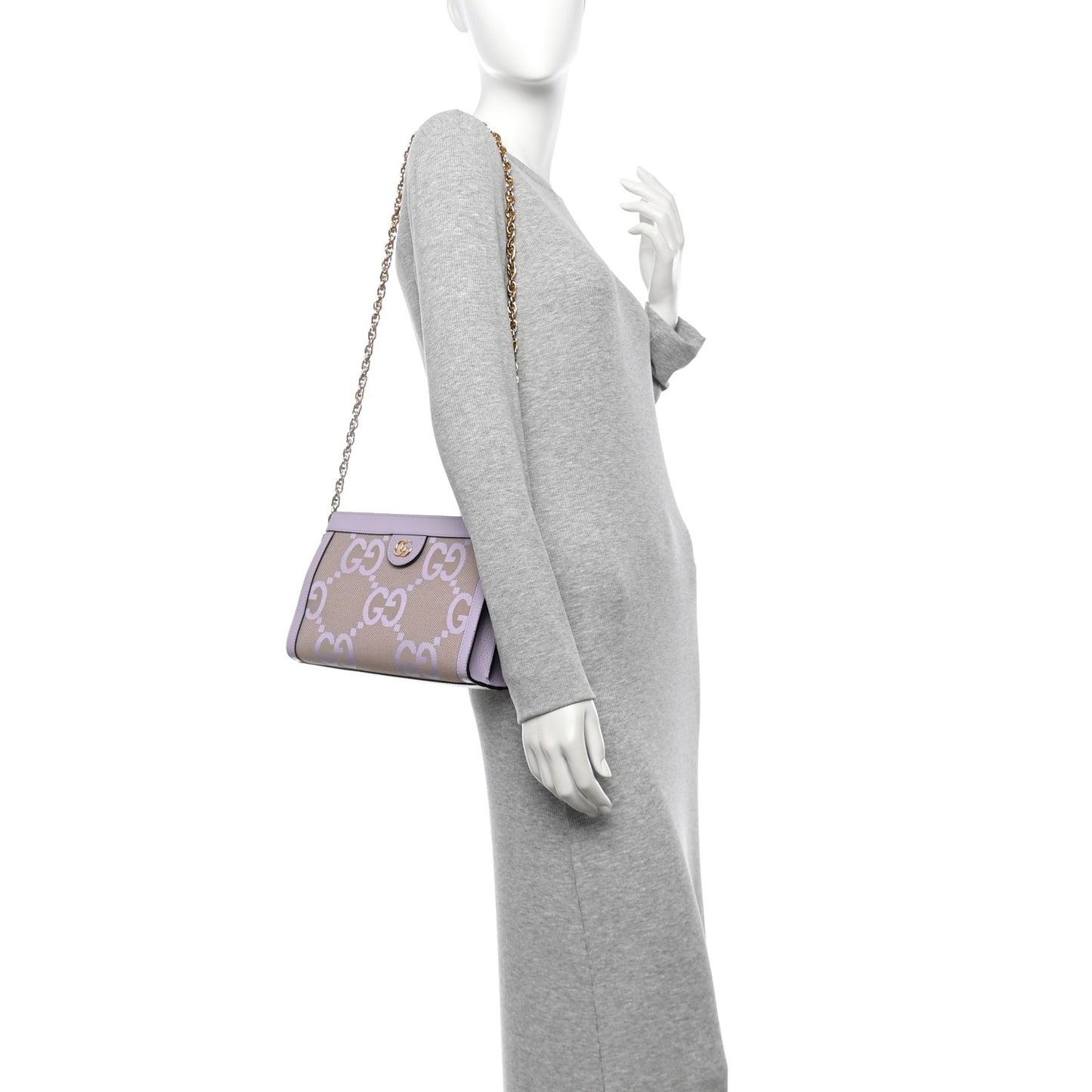 Monogram Jumbo GG Textured Dollar Calfskin Small Ophidia Chain Shoulder Bag Beige Lapis