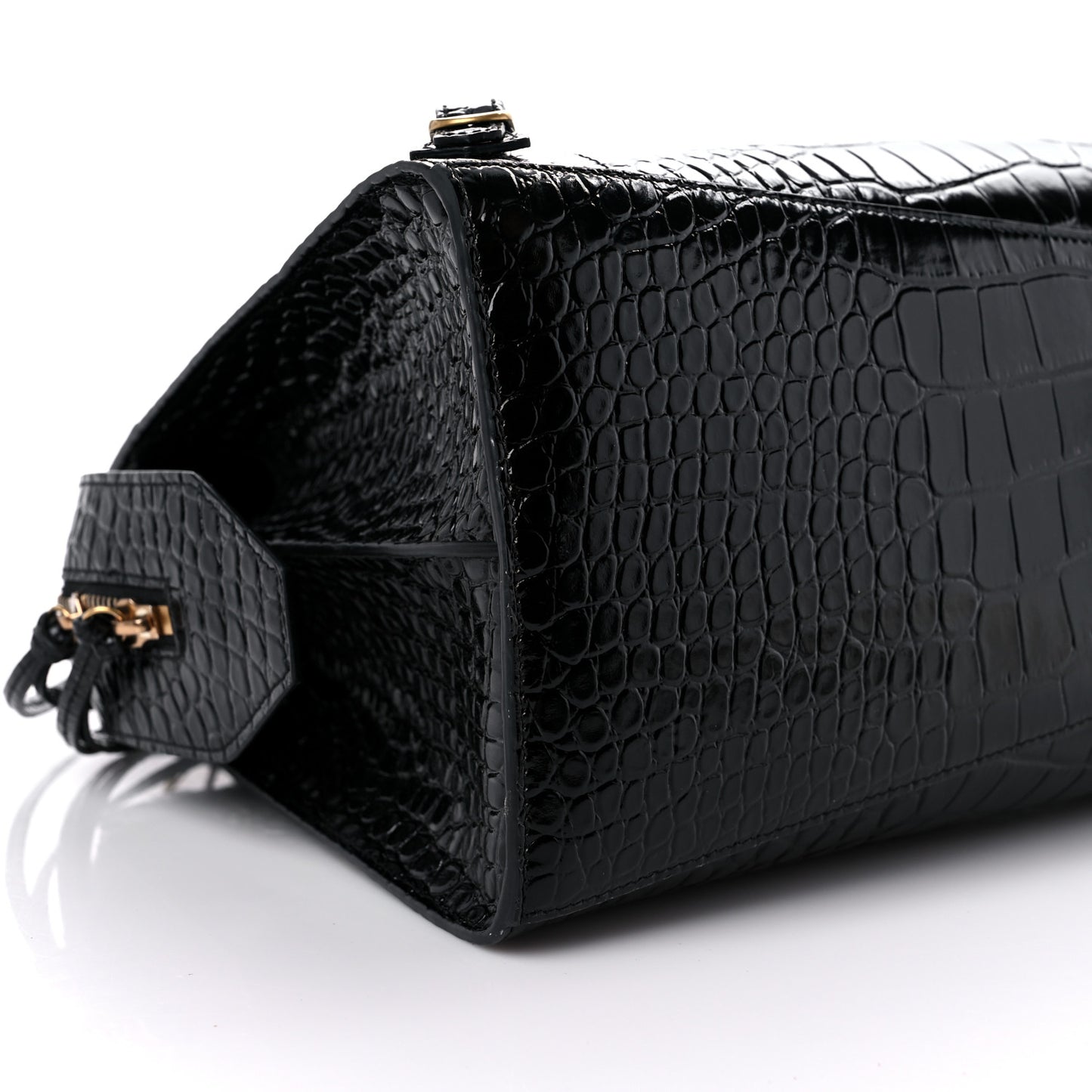 Shiny Supple Calfskin Crocodile Embossed Brass Hardware Neo Classic City Black