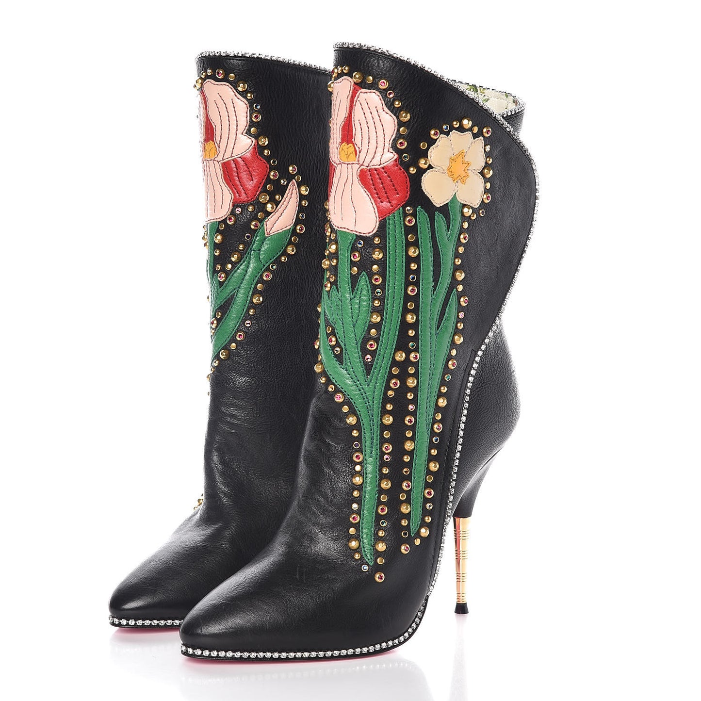 Calfskin Floral Crystal Embroidered Fosca Boots 35 Black