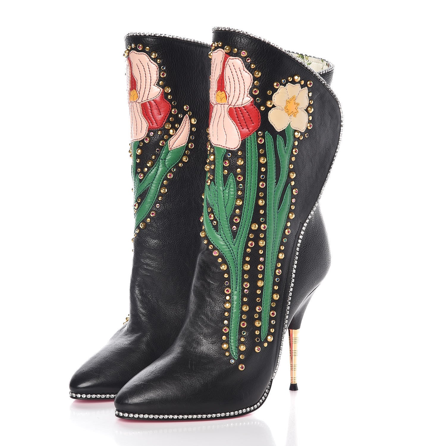 Gucci Calfskin Floral Crystal Embroidered Fosca Boots 35 Black 3 of 9