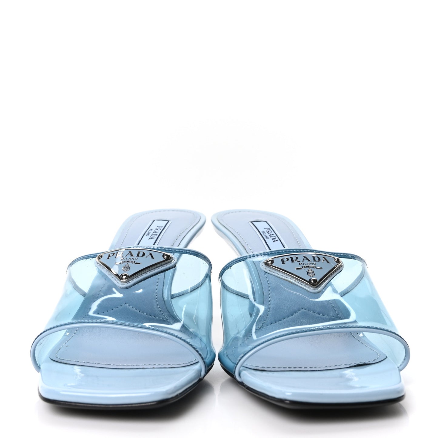 Plexiglass Vernice Metal Triangle Logo 65mm Slide Sandals 36 Celeste