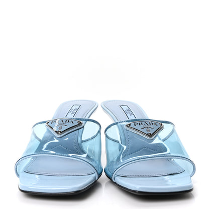 Prada Plexiglass Vernice Metal Triangle Logo 65mm Slide Sandals 36 Celeste 3 of 8