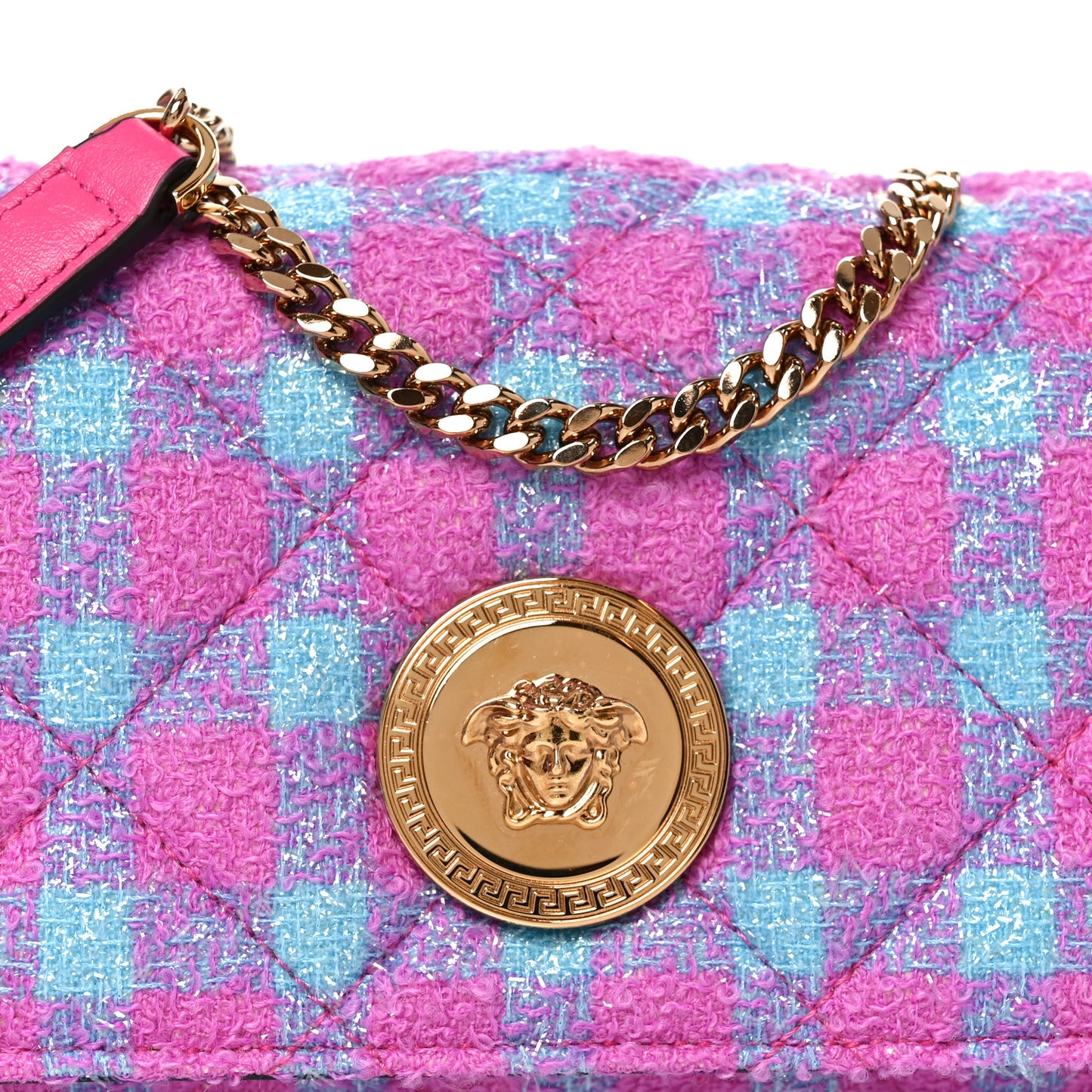 Tweed Quilted Medusa Medium Chain Crossbody Pink Blue
