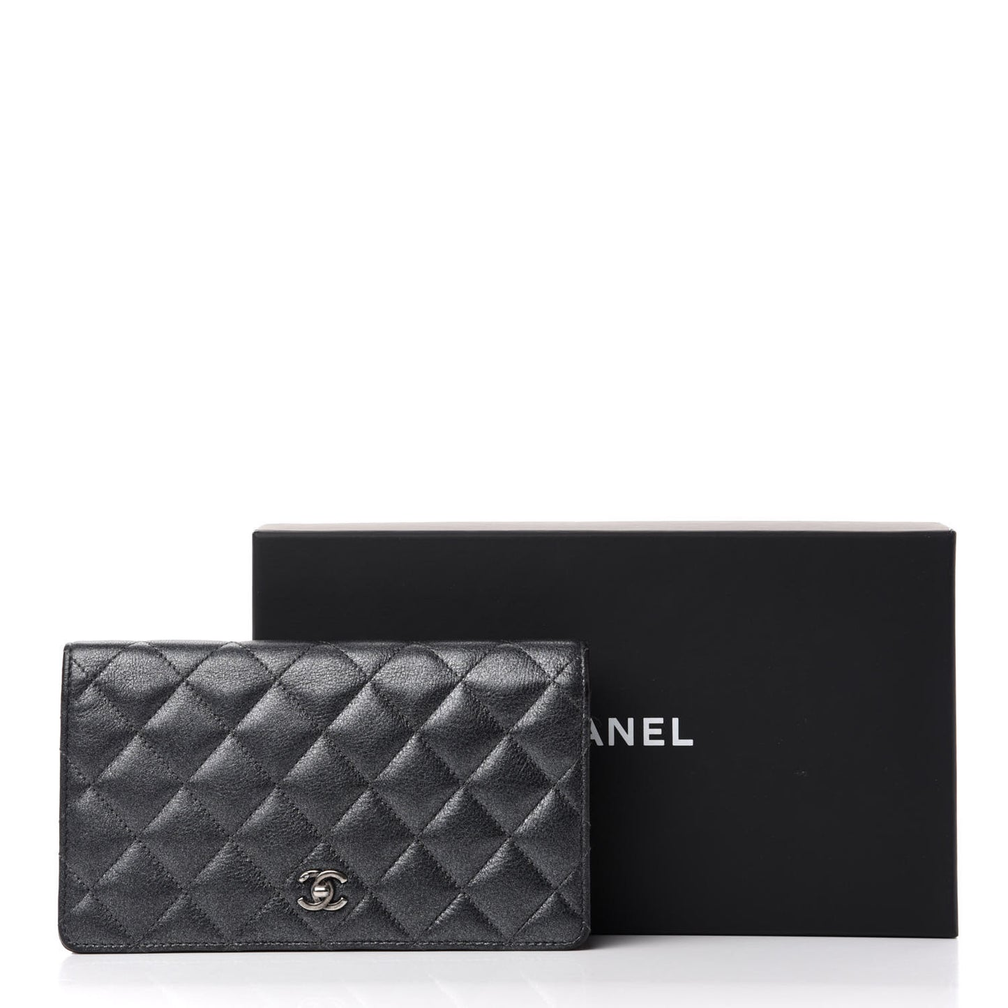 Metallic Calfskin Quilted Yen Wallet Charcoal
