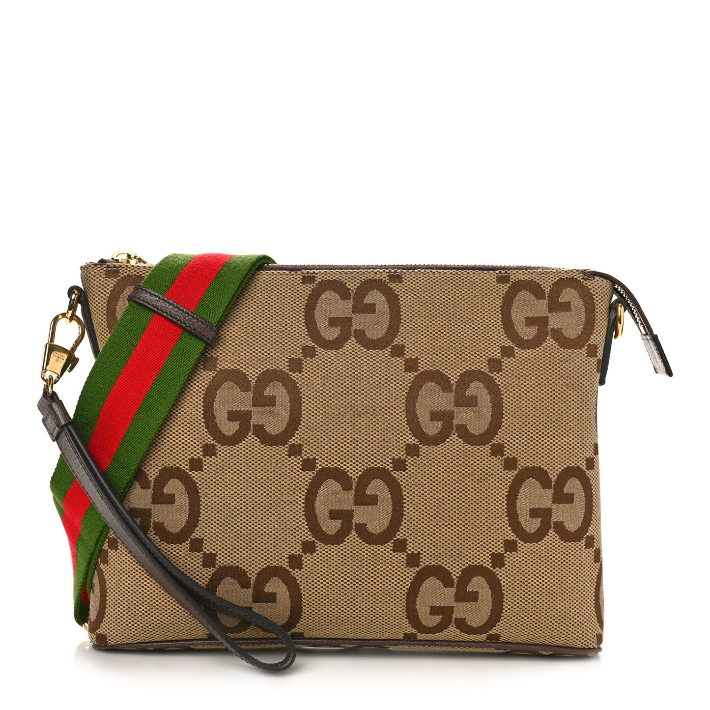 Monogram Jumbo GG Textured Dollar Calfskin Web Wristlet Messenger Bag Camel Ebony New Acero