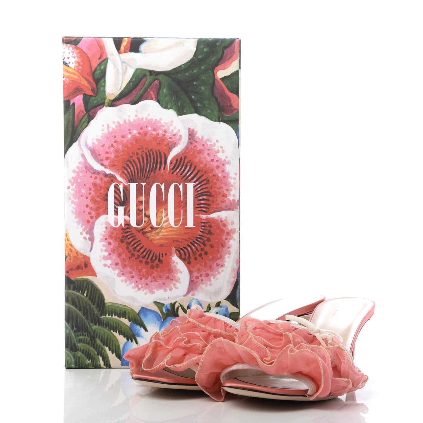 Tulle Ruffle Low Heel Slide Sandals 40 Peach White