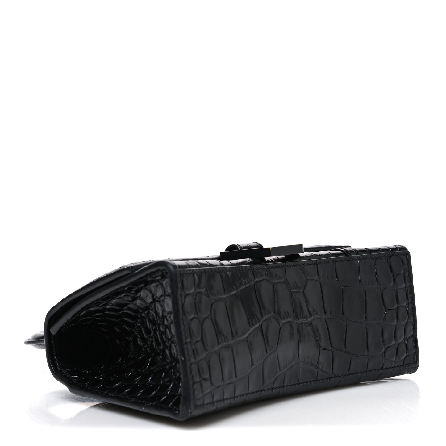 Shiny Calfskin Monochrome Crocodile Embossed Hourglass Top Handle Bag XS Black