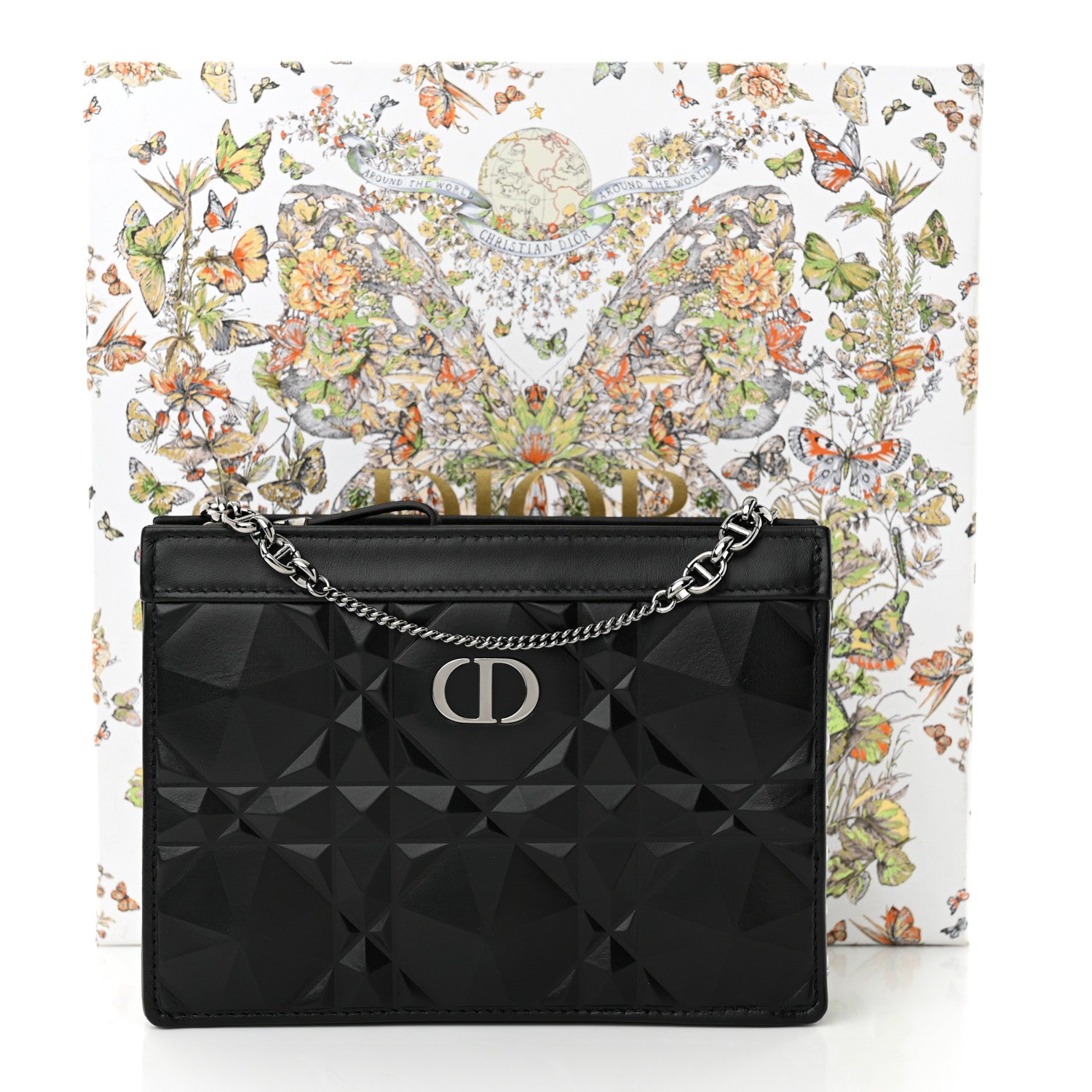 Christian Dior CHRISTIAN DIOR Calfskin Macrocannage Diamond Caro Zipped Pouch With Chain Black 11 of 11