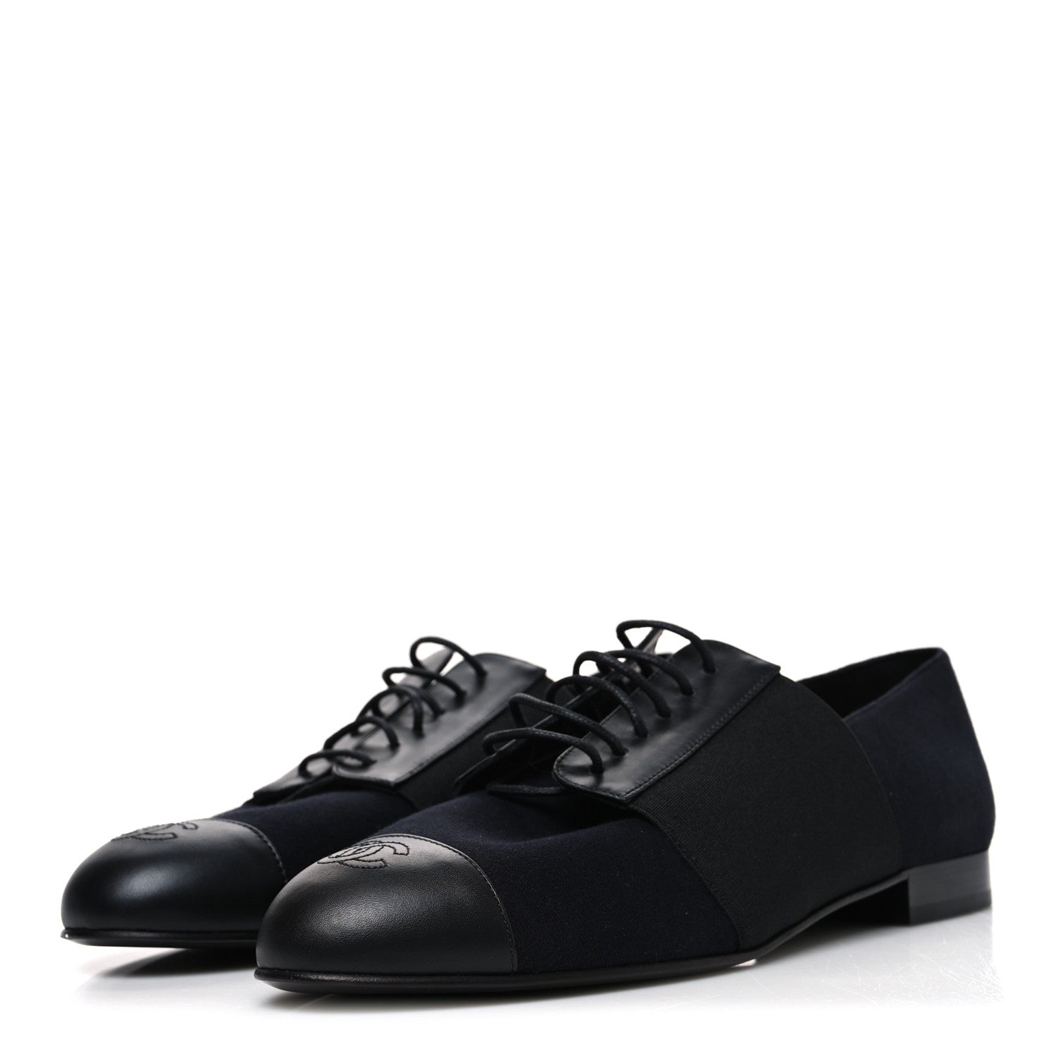 Chanel Calfskin Elastic Lace Up Cap Toe CC Loafers 40.5 Black Navy 4 of 10