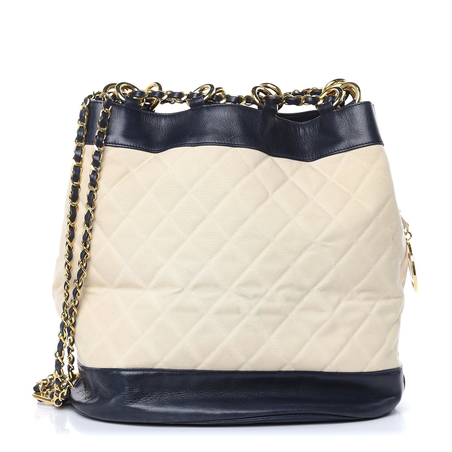Chanel Lambskin Canvas Quilted CC Drawstring Shoulder Bag Beige Navy 1 of 15