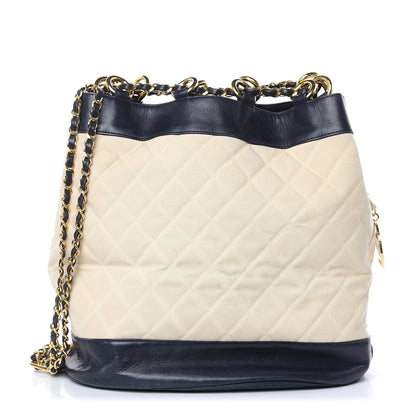 Chanel Lambskin Canvas Quilted CC Drawstring Shoulder Bag Beige Navy 1 of 15