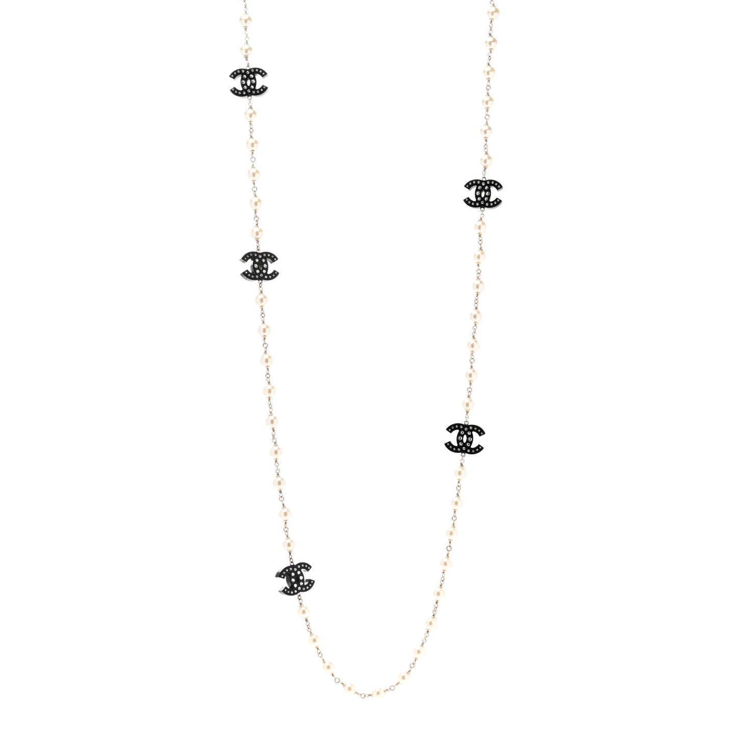 Pearl Beaded Resin Crystal CC Long Necklace Black Gold