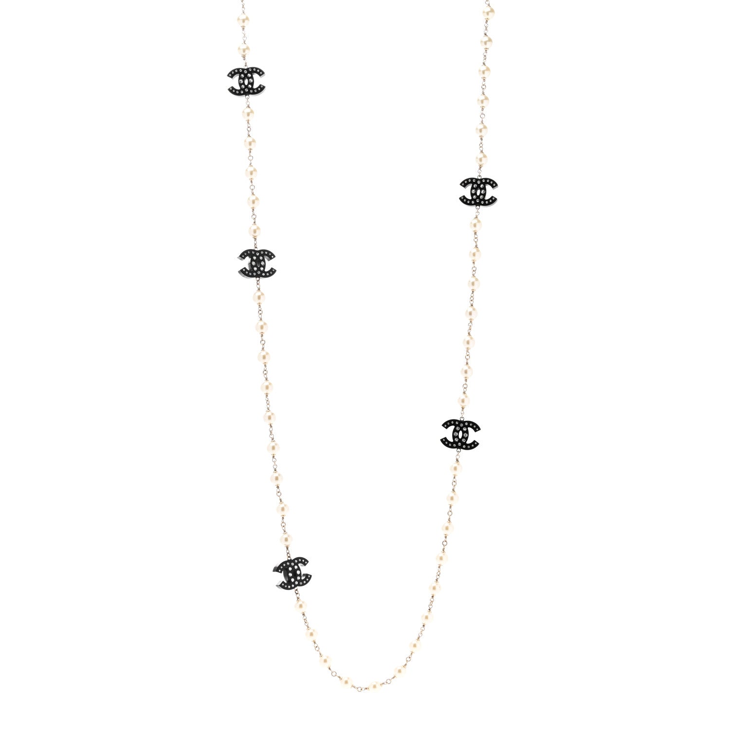 Chanel Pearl Beaded Resin Crystal CC Long Necklace Black Gold 1 of 5