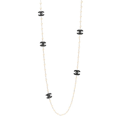 Chanel Pearl Beaded Resin Crystal CC Long Necklace Black Gold 1 of 5