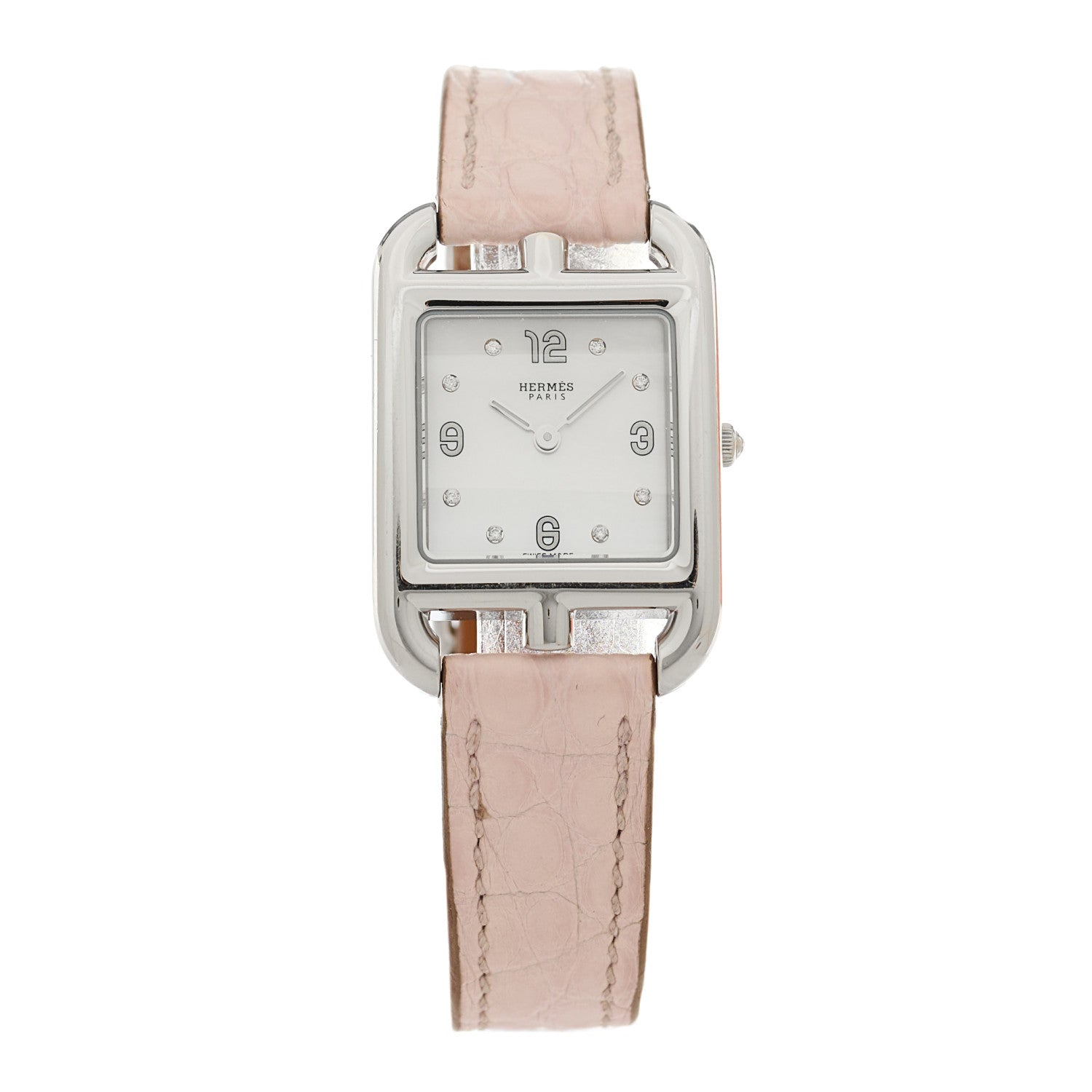 Hermes Stainless Steel Alligator Diamond Mother of Pearl 23mm Cape Cod Quartz Watch Pink 1 of 5