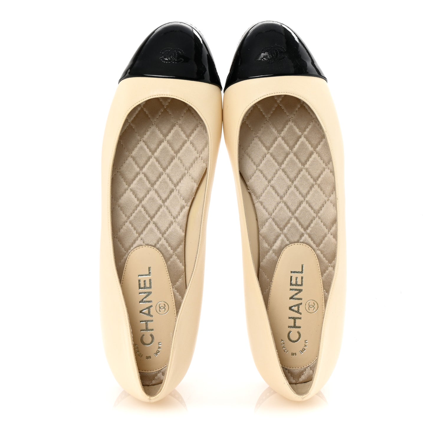 Patent Lambskin Crystal CC Cap Toe Ballerina Flats 40 Beige Black