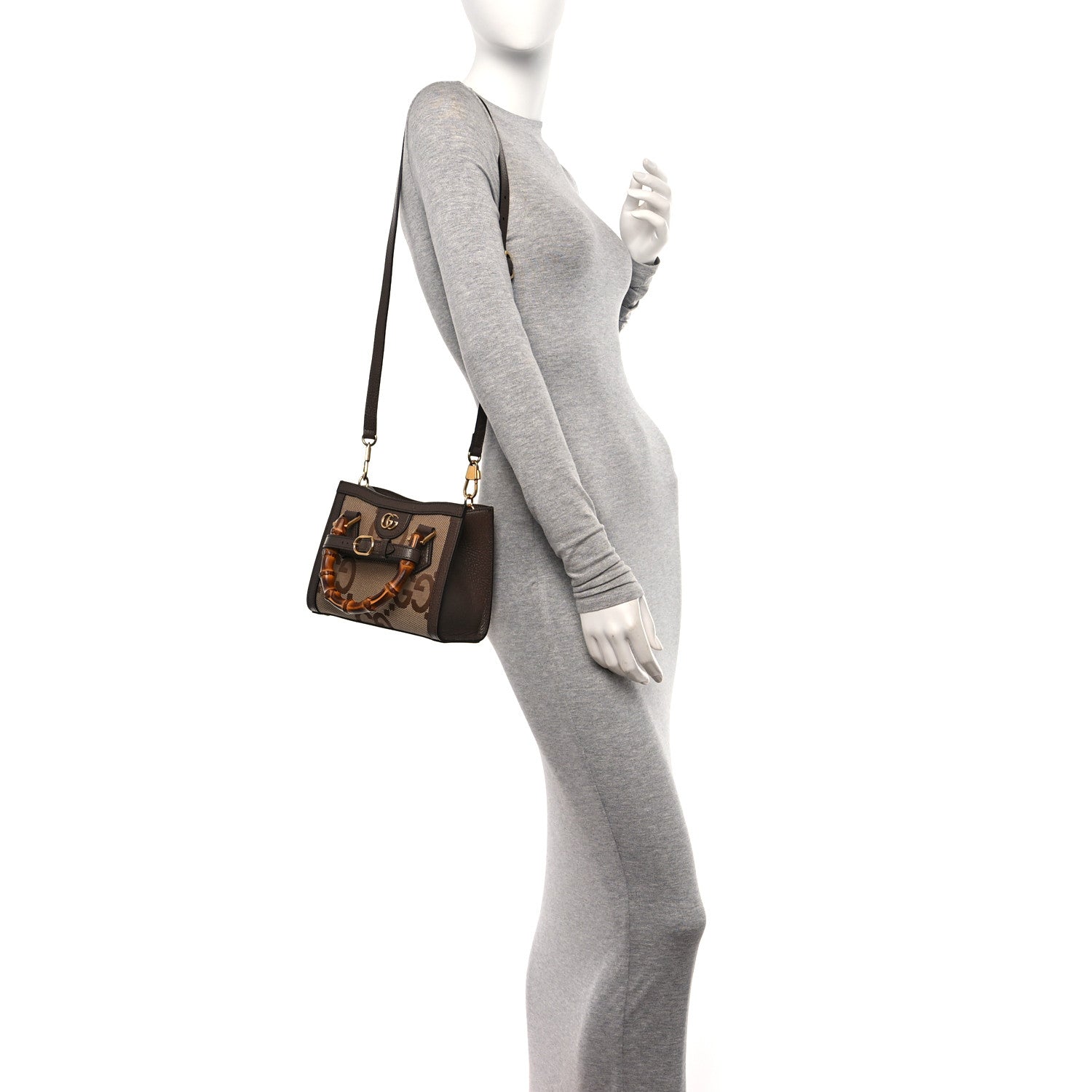 Gucci Monogram Jumbo GG Textured Dollar Calfskin Mini Diana Tote Bag Camel Ebony New Acero 2 of 10