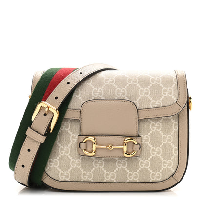 Gucci GG Supreme Monogram Textured Dollar Calfskin Web Mini Horsebit 1955 Shoulder Bag Beige Mystic White Oatmeal 1 of 11