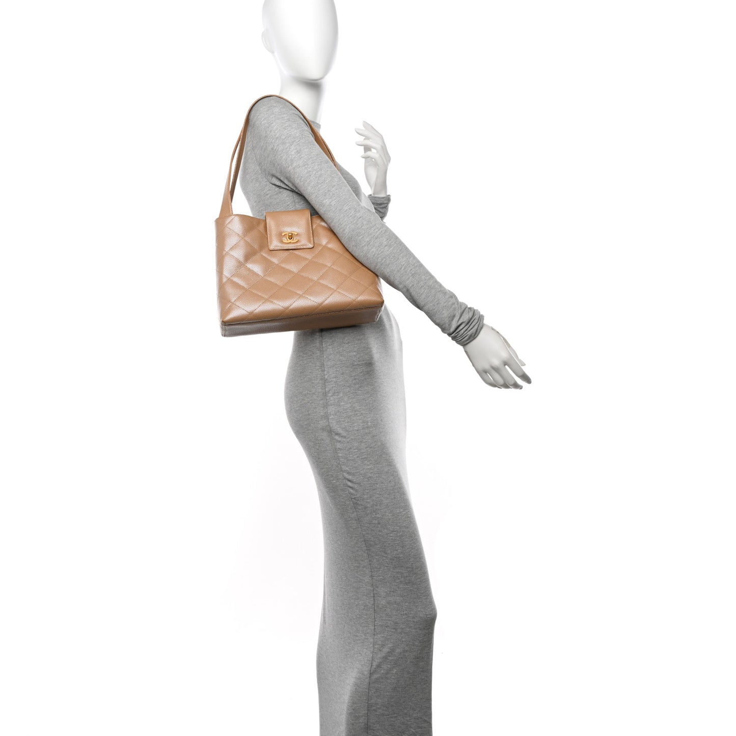 Metallic Caviar Quilted Shoulder Bag Beige