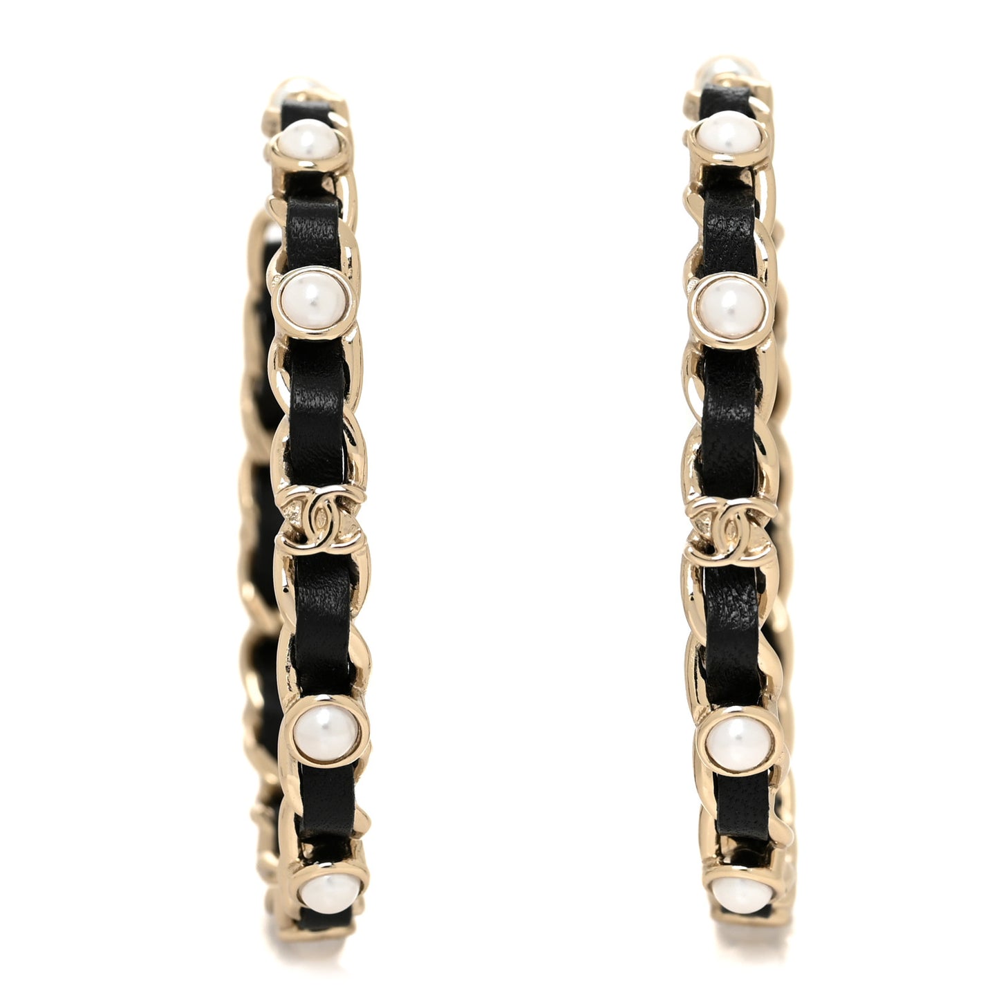 Lambskin Pearl CC Chain Hoop Earrings Gold Black