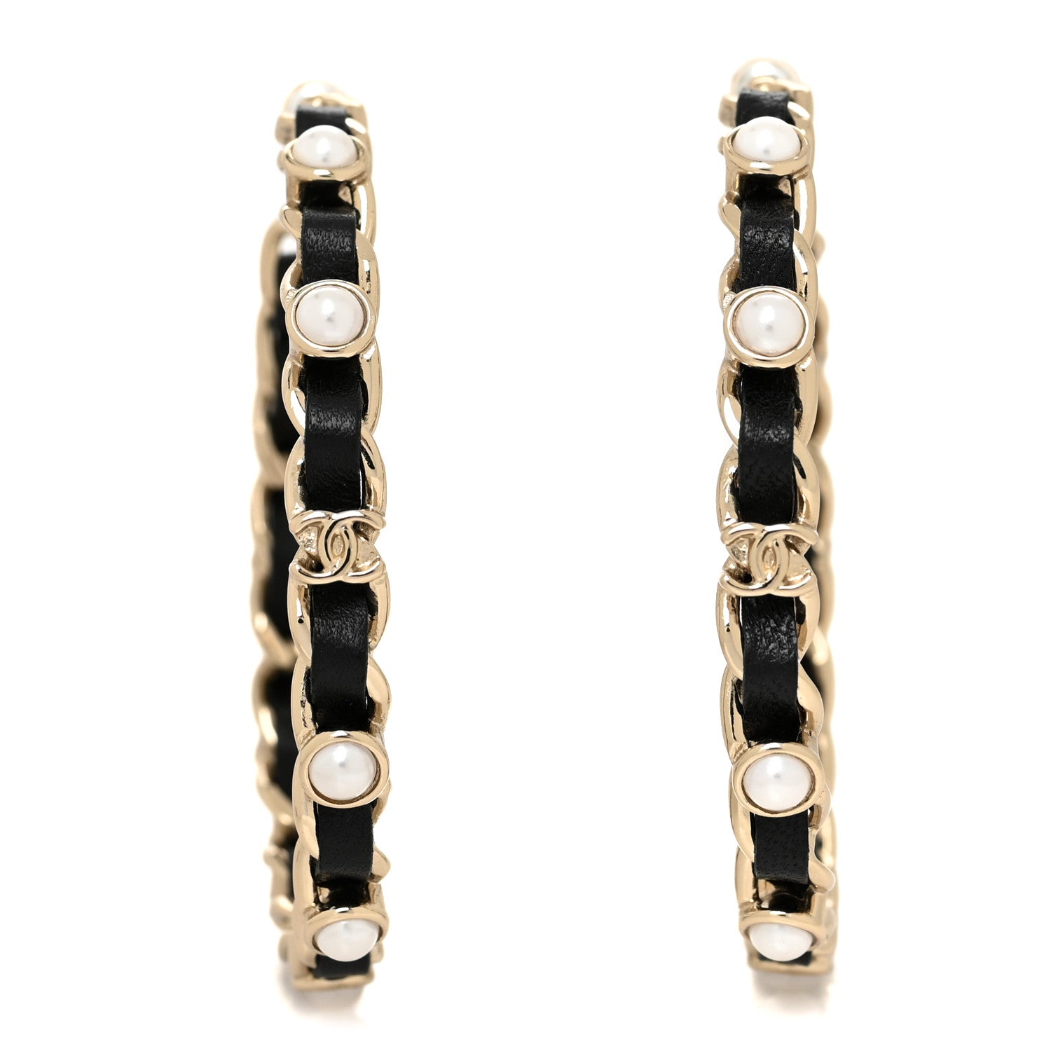 Chanel Lambskin Pearl CC Chain Hoop Earrings Gold Black 1 of 4