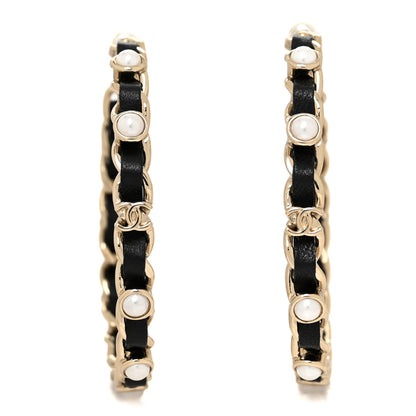 Chanel Lambskin Pearl CC Chain Hoop Earrings Gold Black 1 of 4