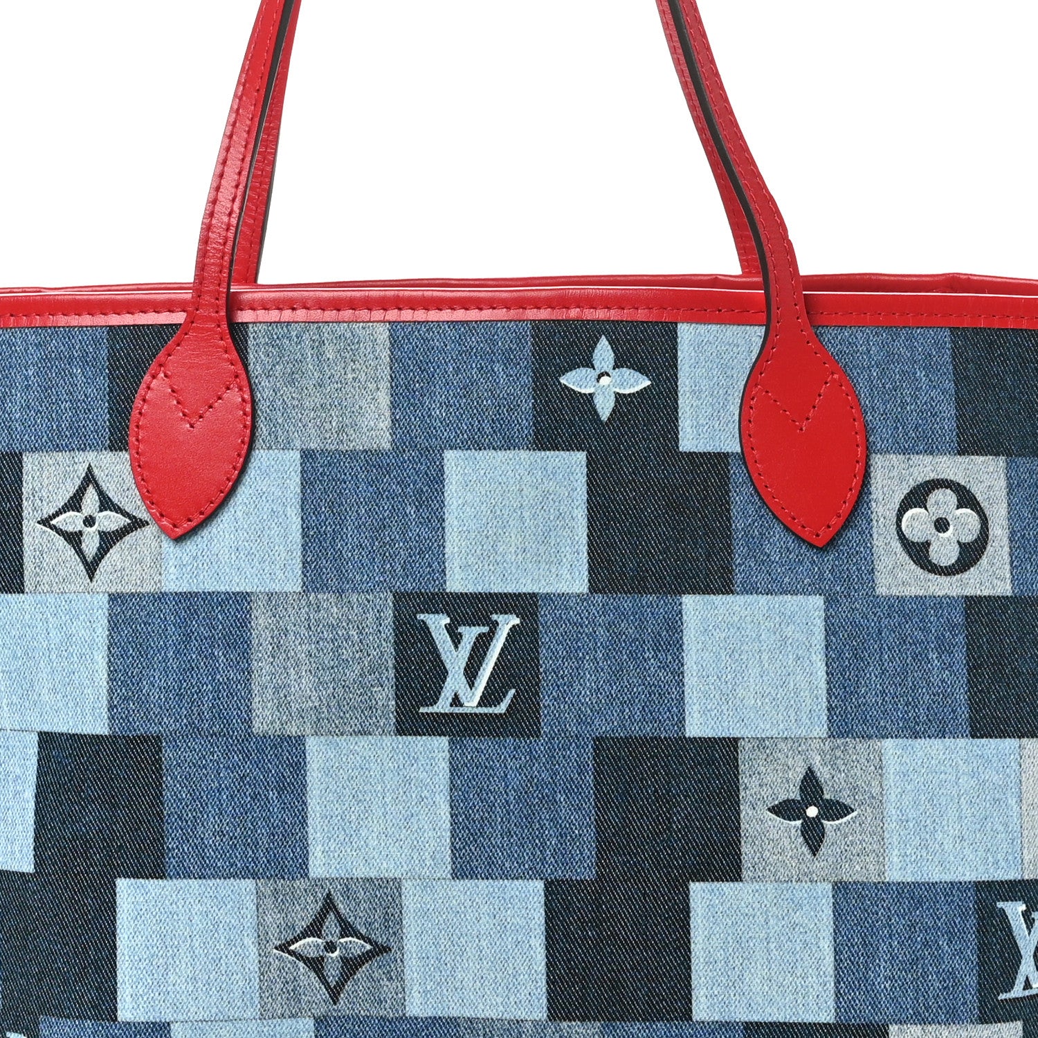 Louis Vuitton Denim Damier Monogram Patchwork Neverfull Blue Rouge 9 of 11