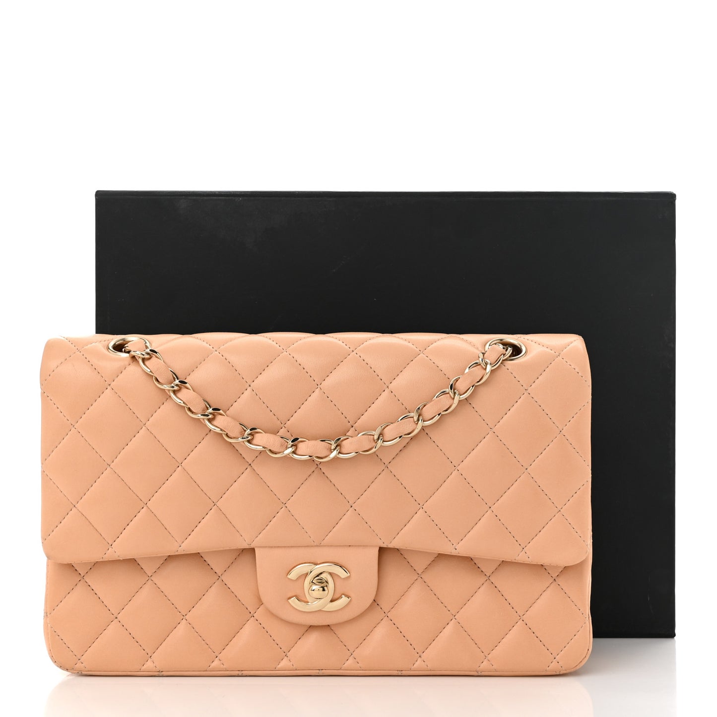Lambskin Quilted Medium Double Flap Beige