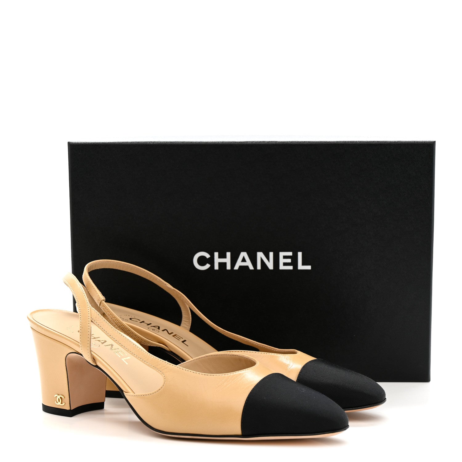 Chanel Goatskin Grosgrain Cap Toe CC Slingback Pumps 41 Beige Black 12 of 12