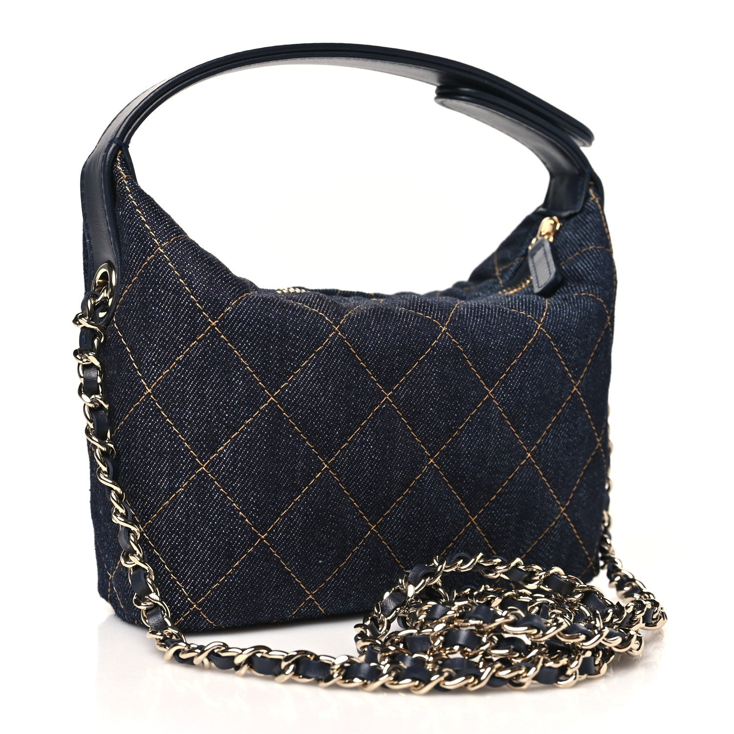 Chanel Denim Quilted Hobo Clutch With Chain Dark Blue Orange 3 of 11