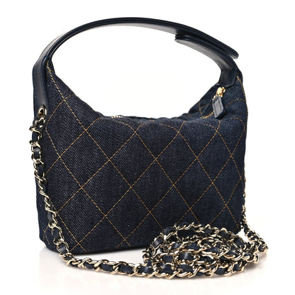 Chanel Denim Quilted Hobo Clutch With Chain Dark Blue Orange 3 of 11