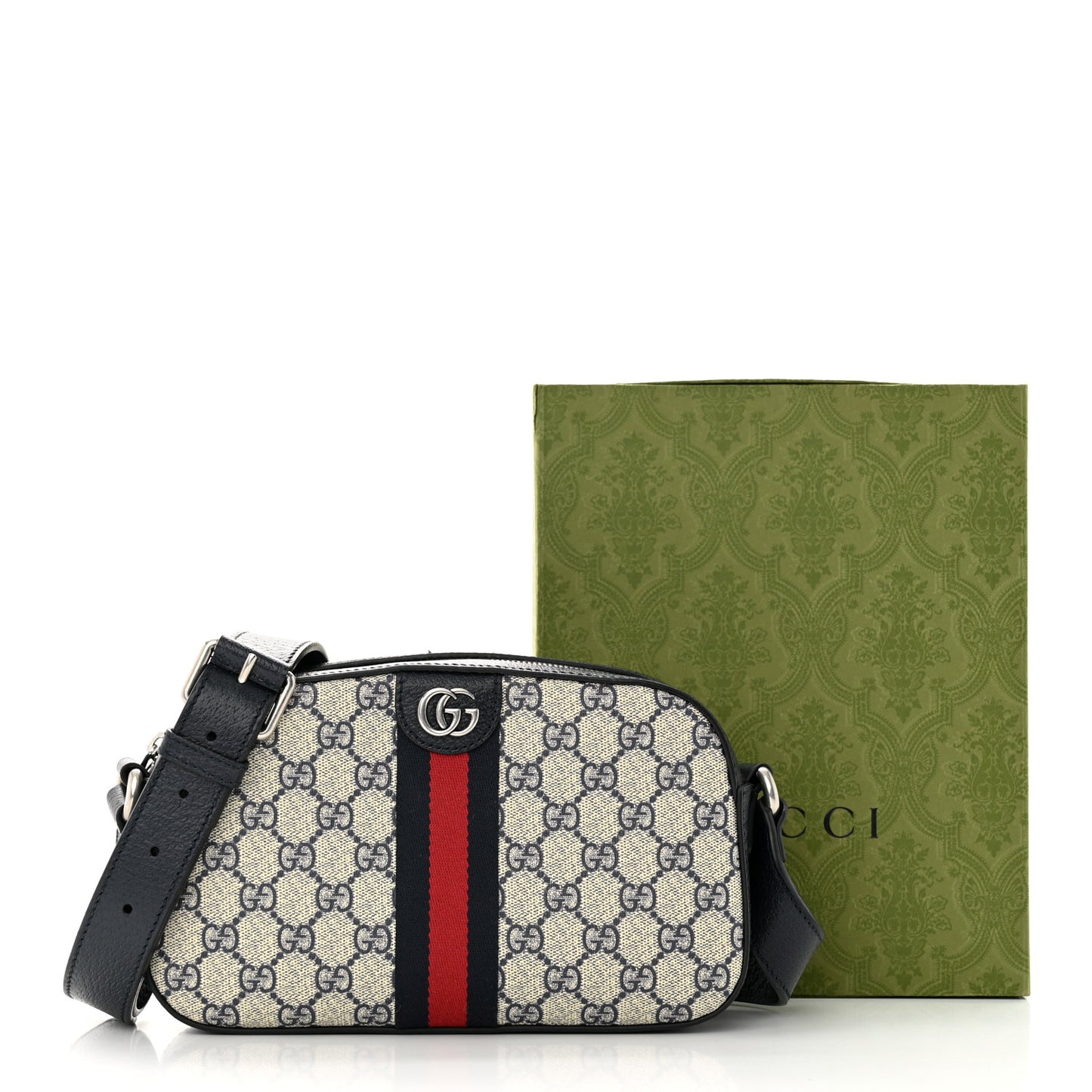 GG Supreme Monogram Textured Dollar Calfskin Web Small Ophidia Camera Bag Beige Blue